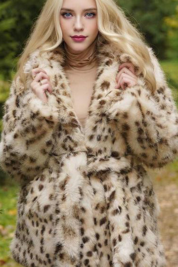 Maxi Abrigo de Piel de Oveja con Cinturón con Estampado de Leopardo